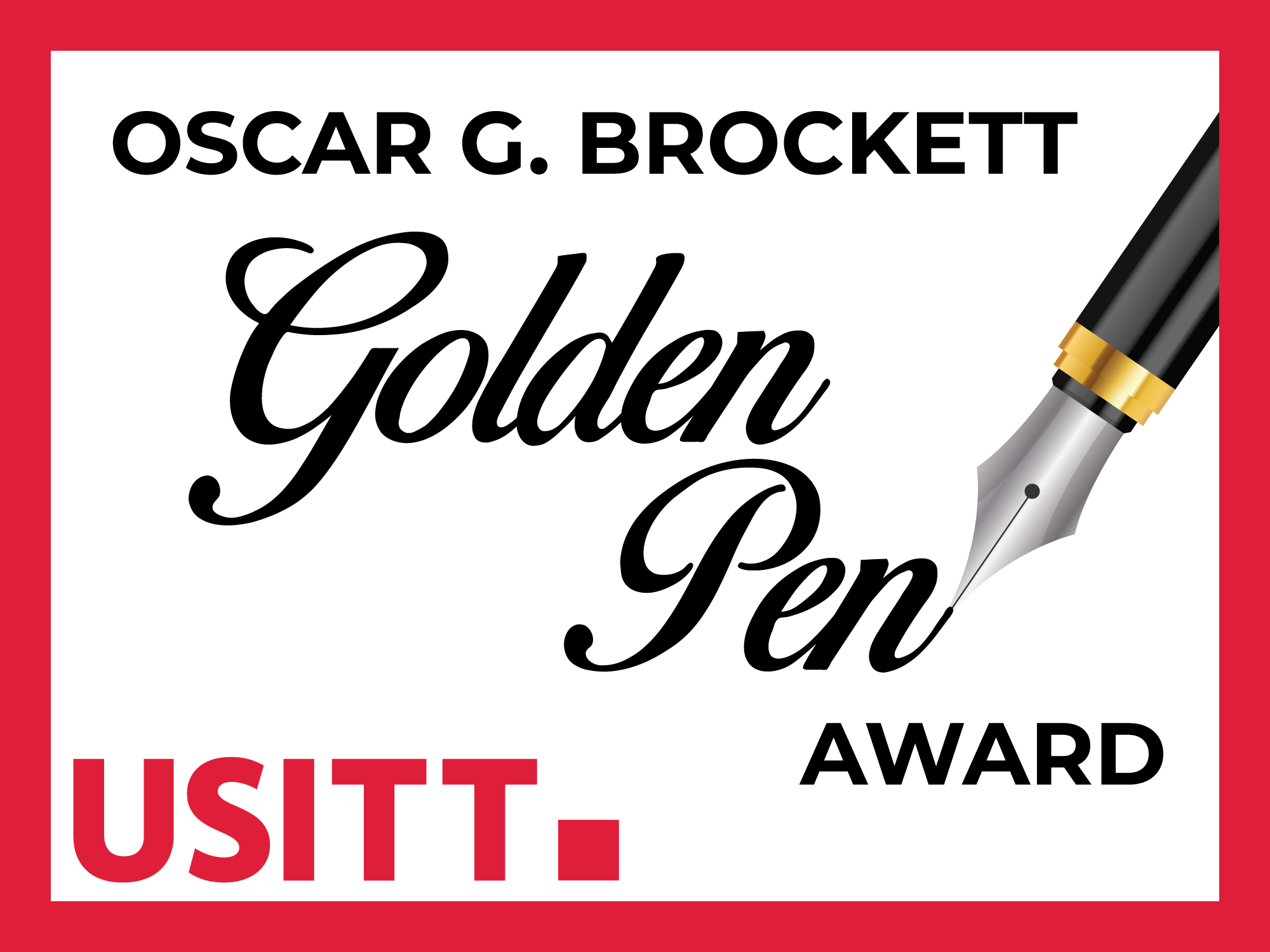 Oscar G. Brockett Golden Pen Award logo with text and a fountain pen w/ usitt logo.