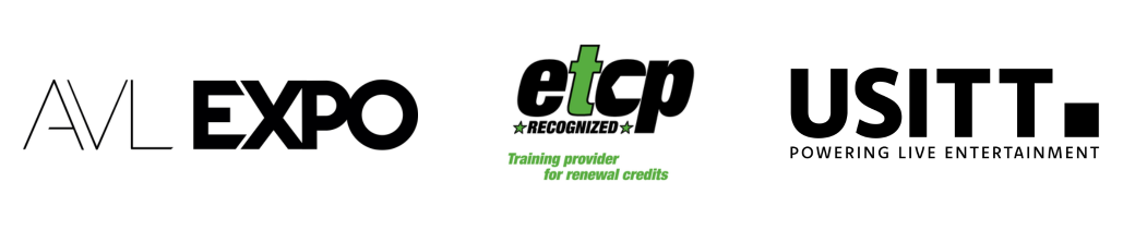 AVL Expo logo ETCP Certified Logo and USITT Logo all next to ech other in a horizontal line