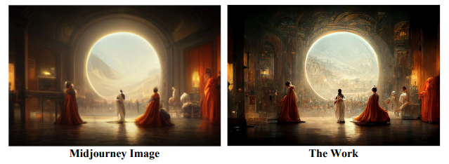Comparative images of a piece done by midjourney, and the original work it is based off of