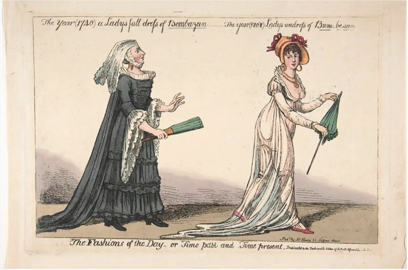 19th century satirical printmakers enjoyed highlighting the perils of muslin dresses, such as the risk of appearing nude in strong sunlight, wind or rain (Credit: Alamy)